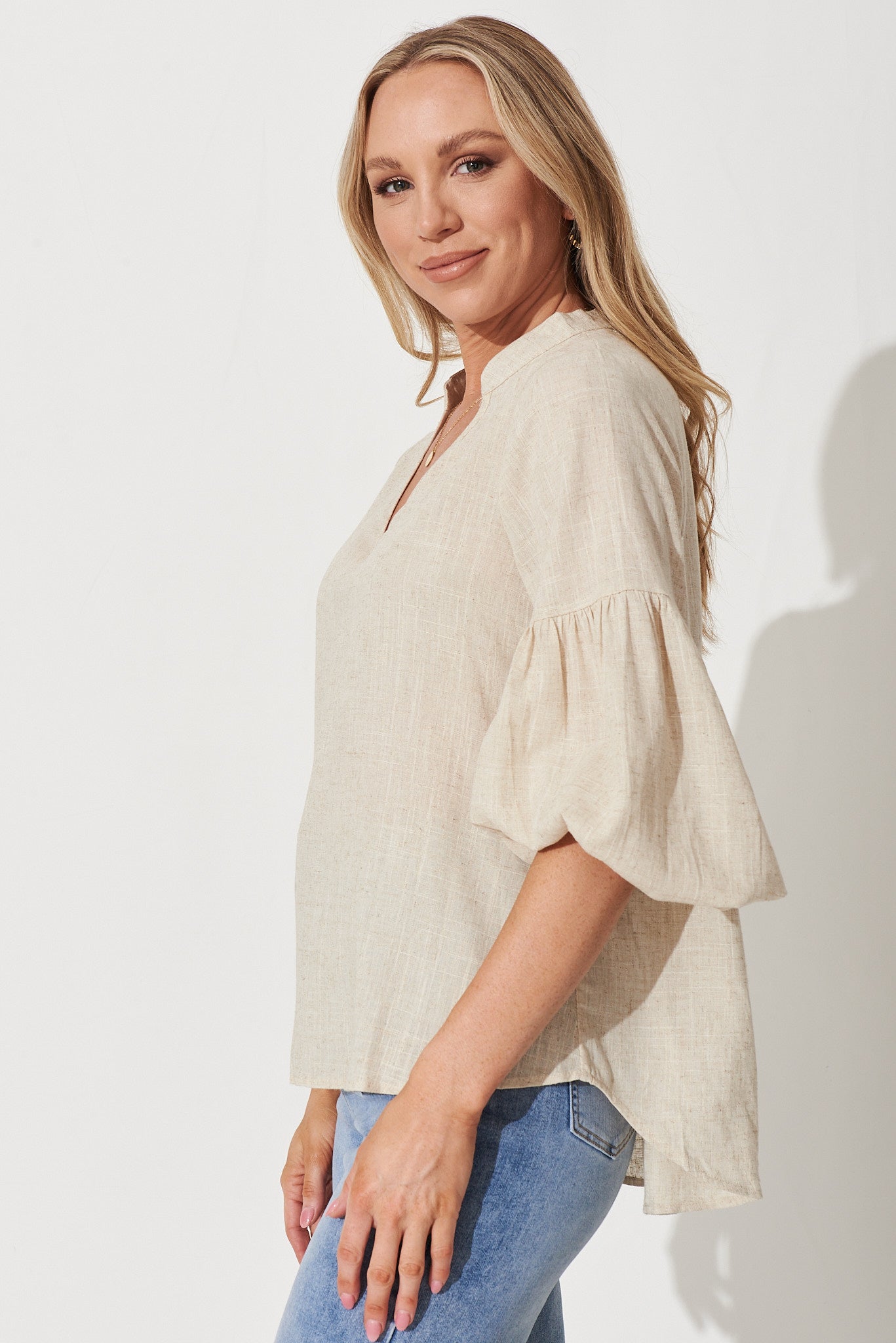 Jasper Top In Oatmeal Linen Blend - Image 2