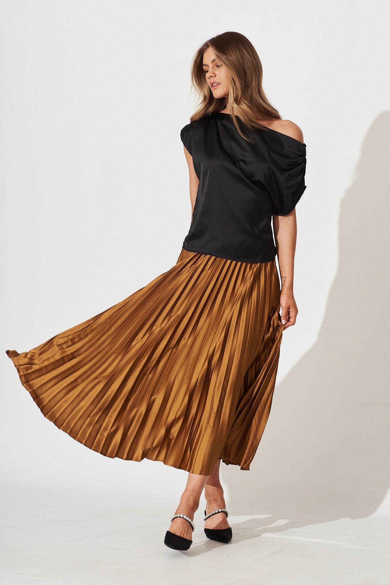 Liana Off Shoulder Top In Black Satin - Image 7