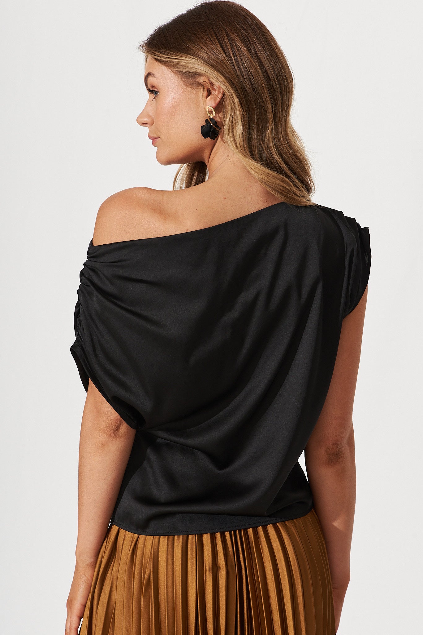 Liana Off Shoulder Top In Black Satin - Image 9