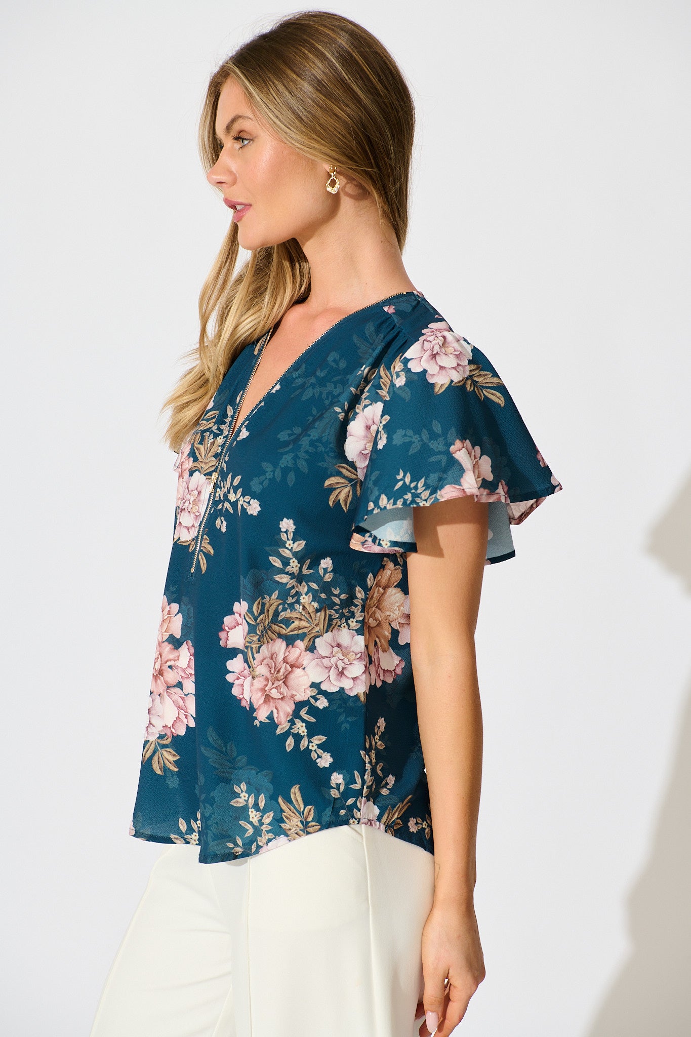 Viviana Zip Top In Teal With Blush Floral - Image 2