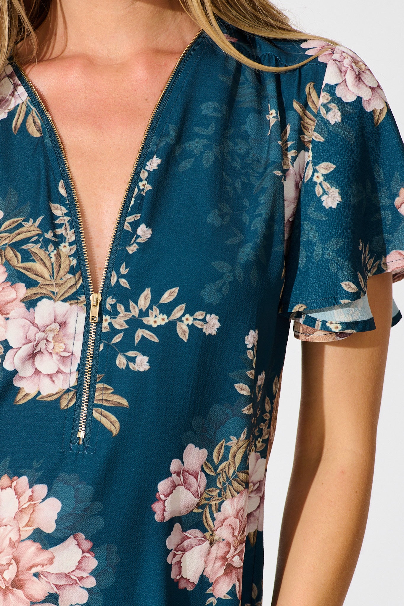 Viviana Zip Top In Teal With Blush Floral - Image 4