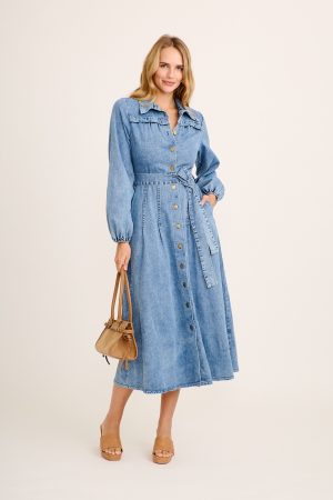 Eminence Maxi Shirt Dress in Light Blue Denim