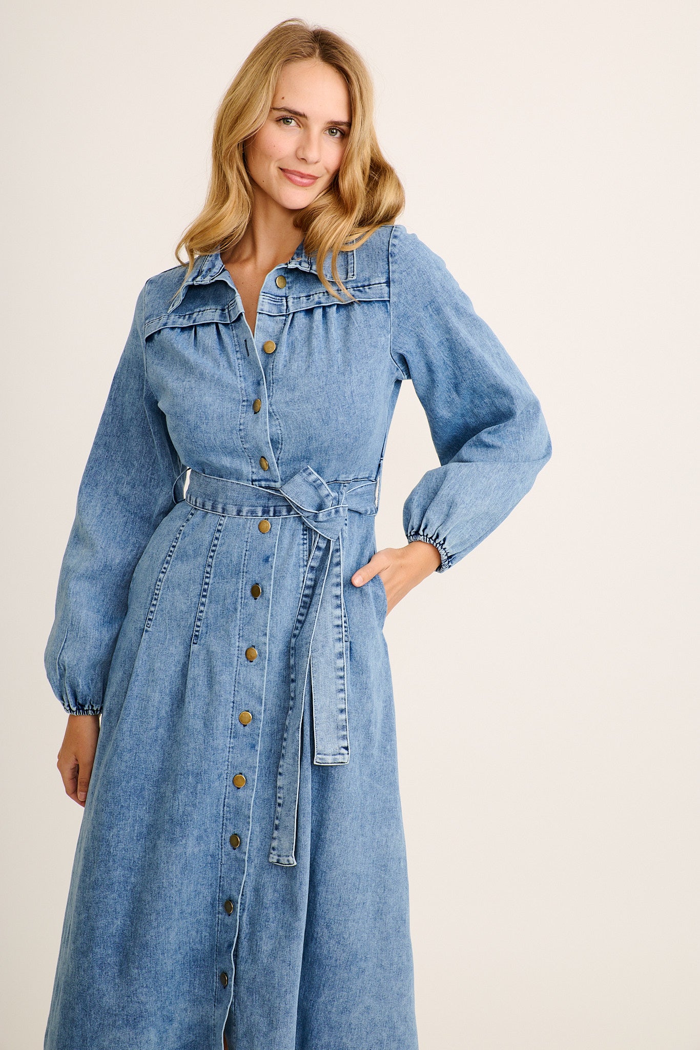 Eminence Maxi Shirt Dress in Light Blue Denim - Image 2