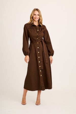 Eminence Maxi Shirt Dress in Chocolate Denim