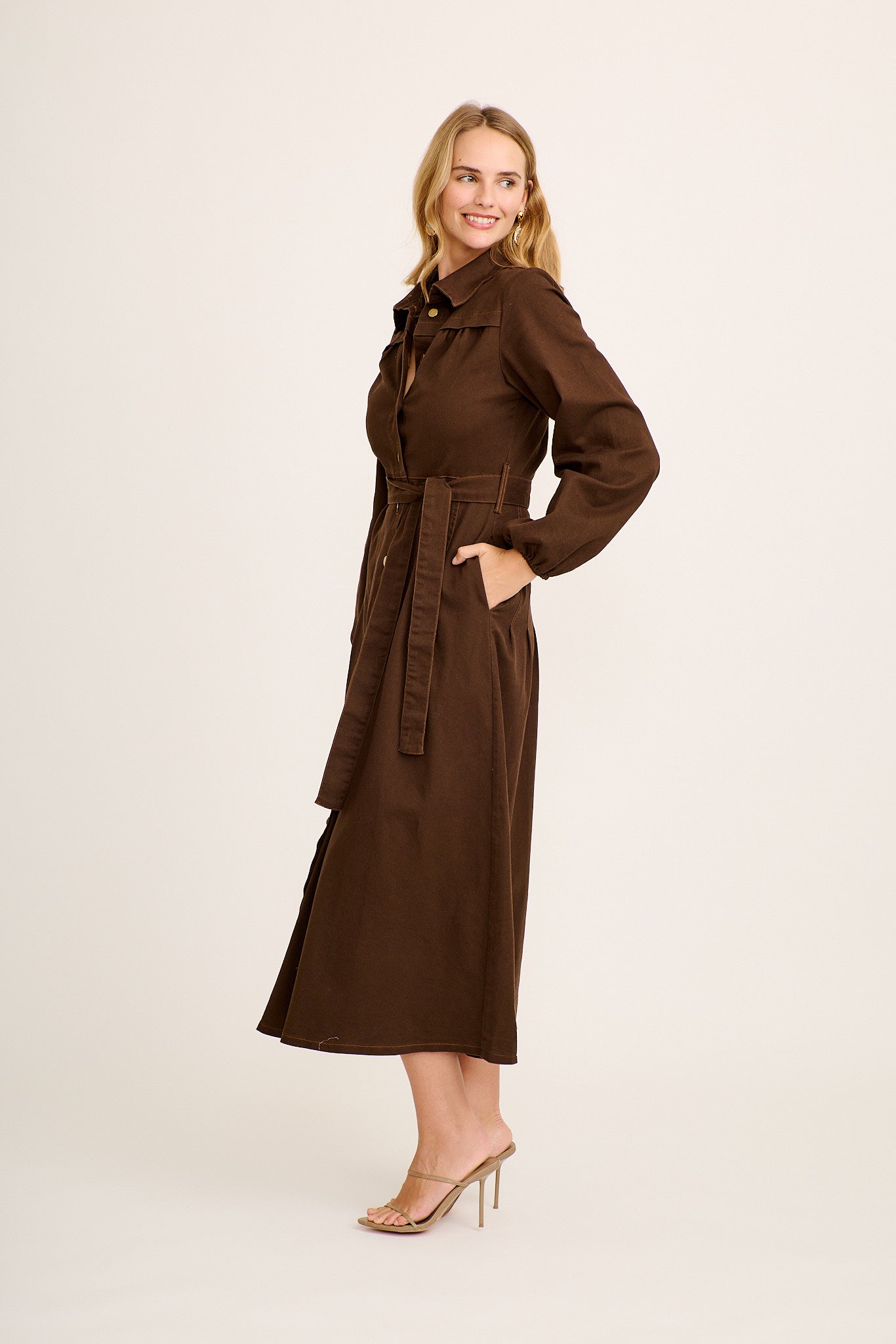 Eminence Maxi Shirt Dress in Chocolate Denim - Image 3