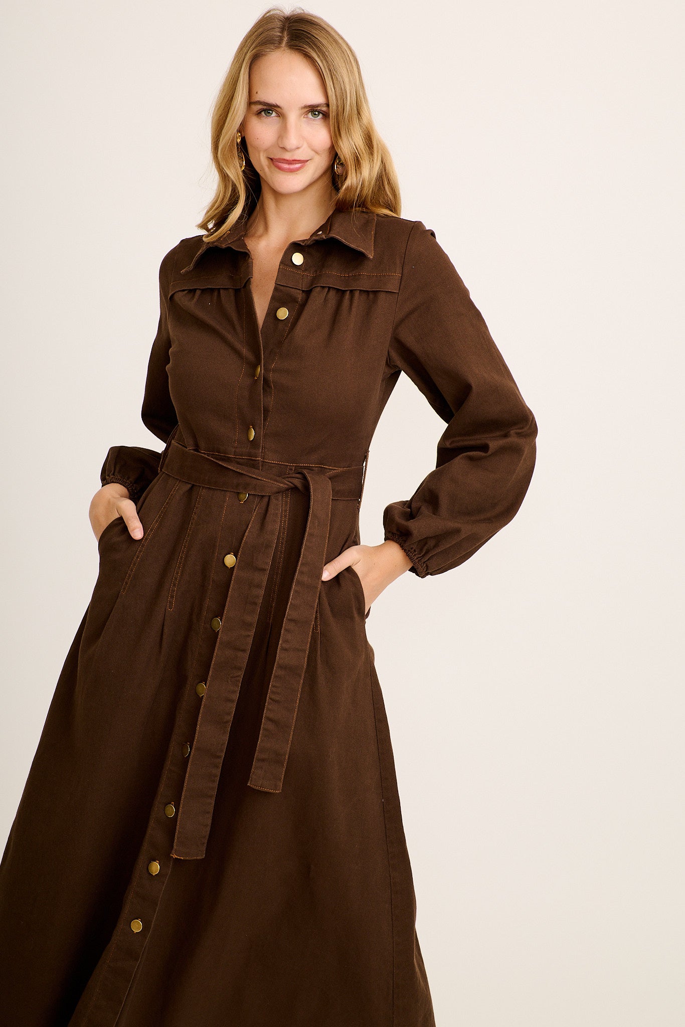 Eminence Maxi Shirt Dress in Chocolate Denim - Image 2
