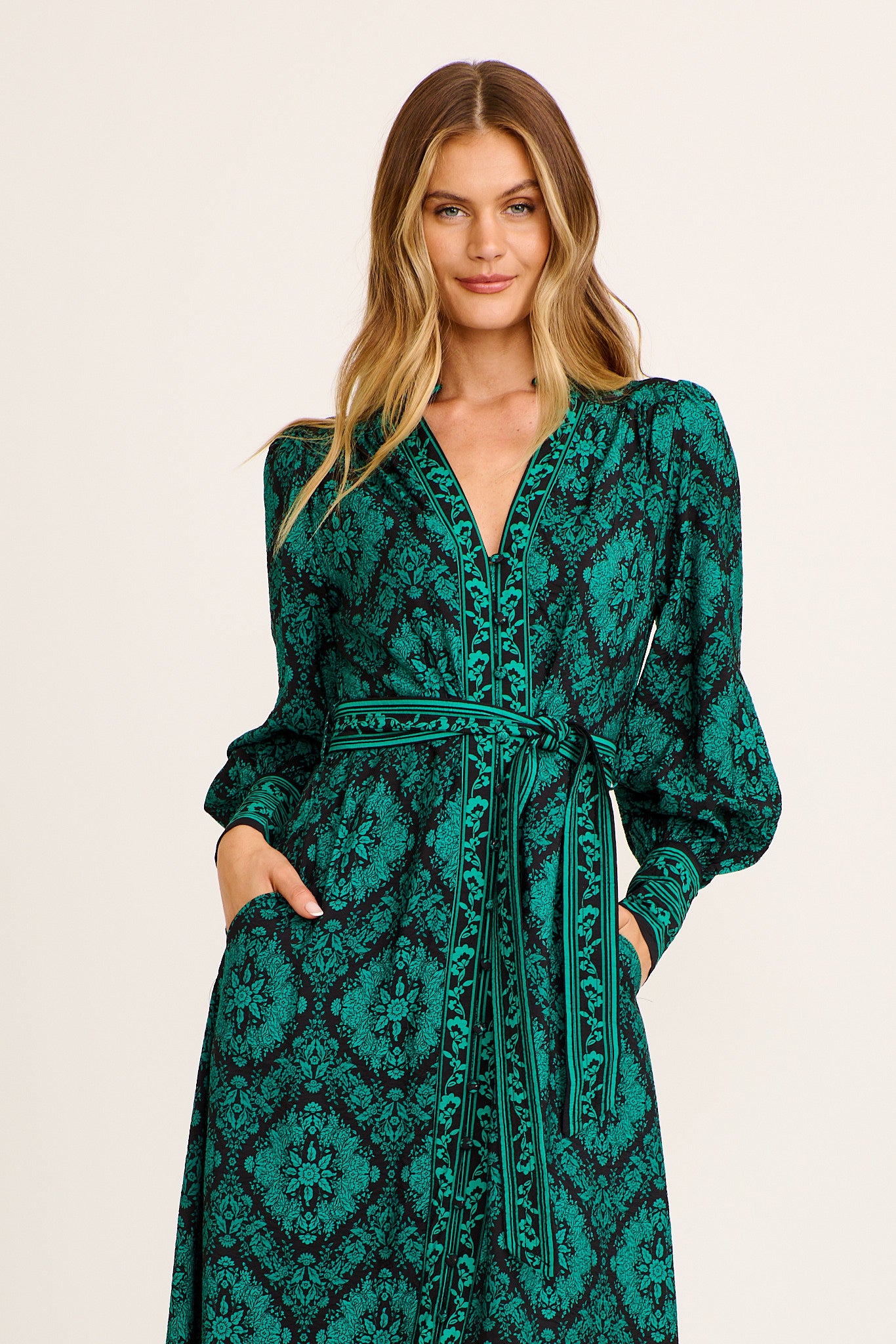 Evelina Midi Dress in Black with Emerald Floral - Image 2