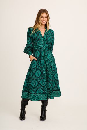 Evelina Midi Dress in Black with Emerald Floral