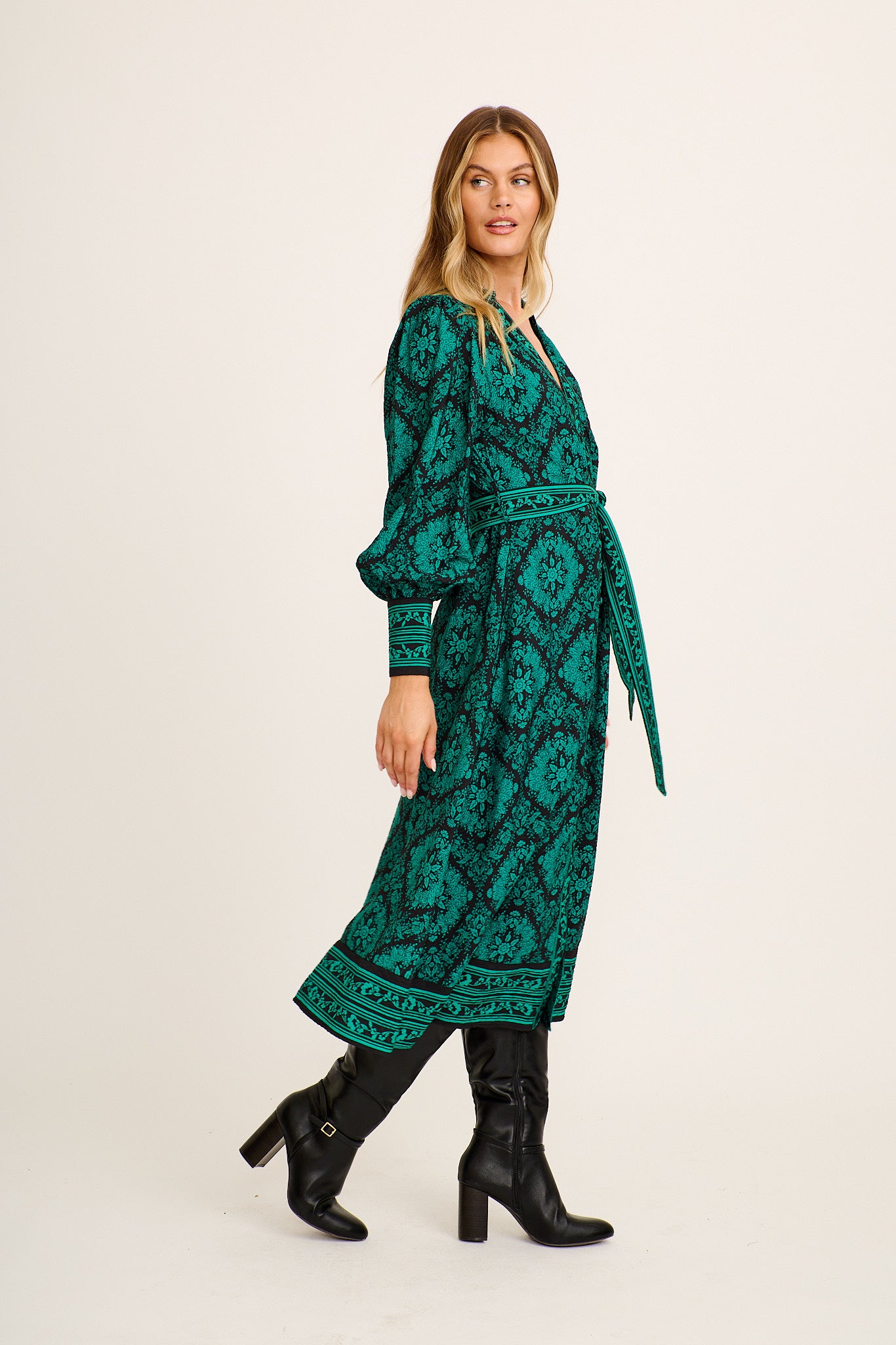 Evelina Midi Dress in Black with Emerald Floral - Image 3