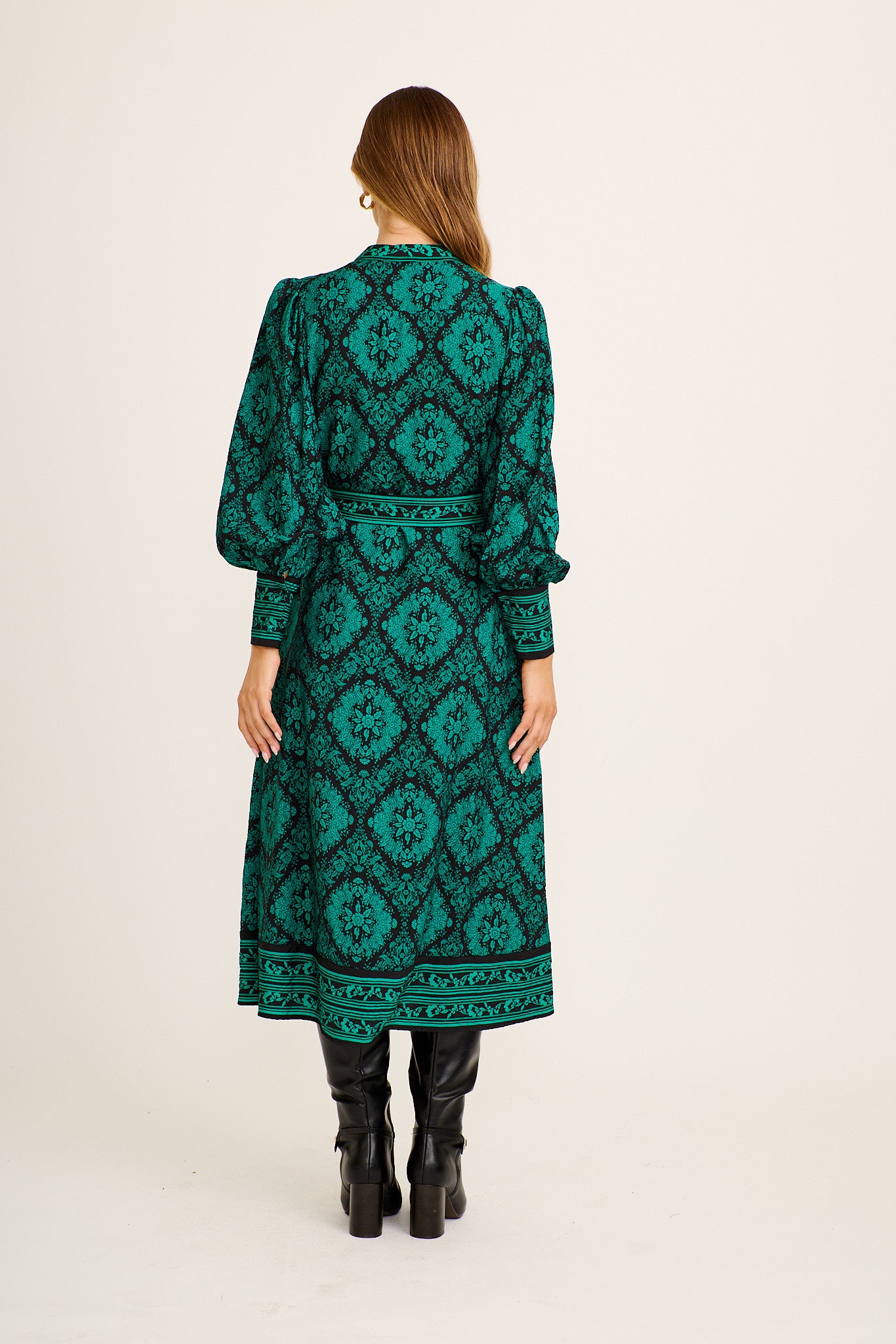 Evelina Midi Dress in Black with Emerald Floral - Image 4