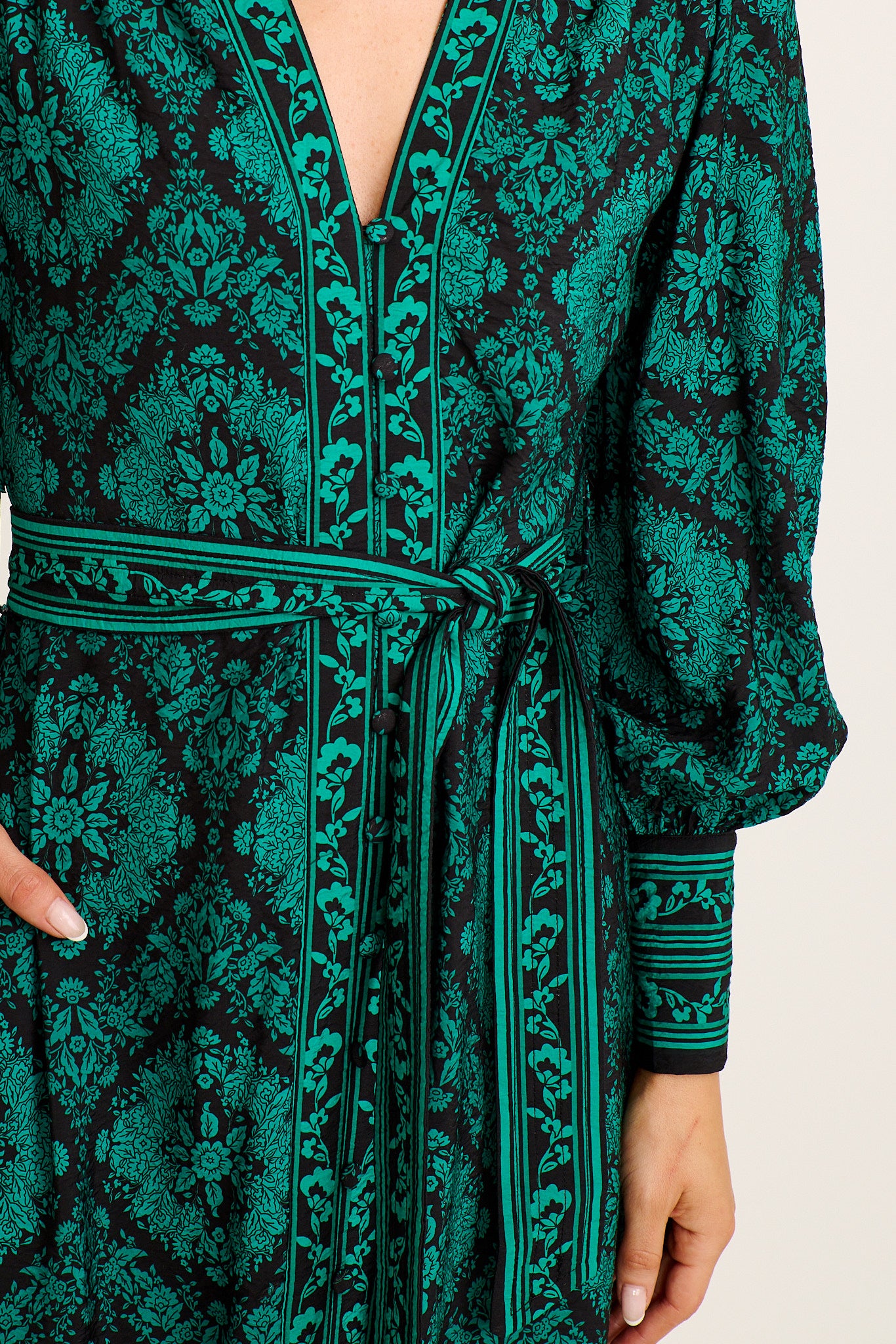 Evelina Midi Dress in Black with Emerald Floral - Image 5