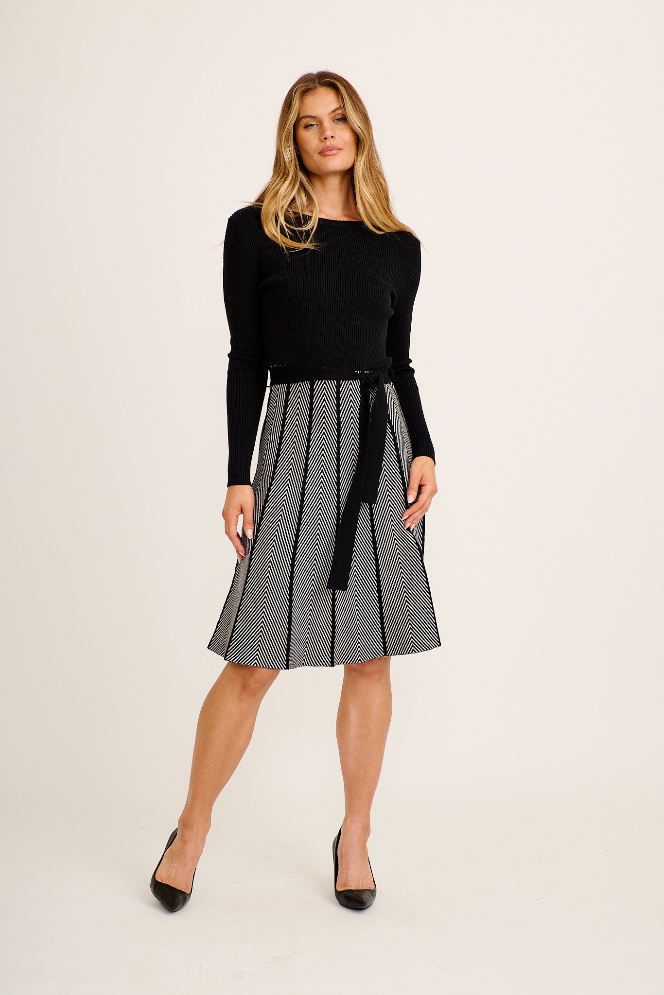 Charmaine Midi Knit Dress in Black and Geometric