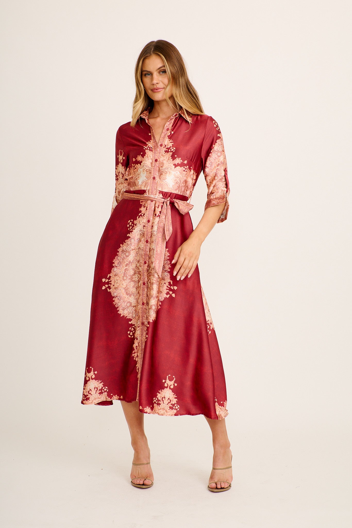 Ellen Midi Shirt Dress in Wine with Multi Placement Satin