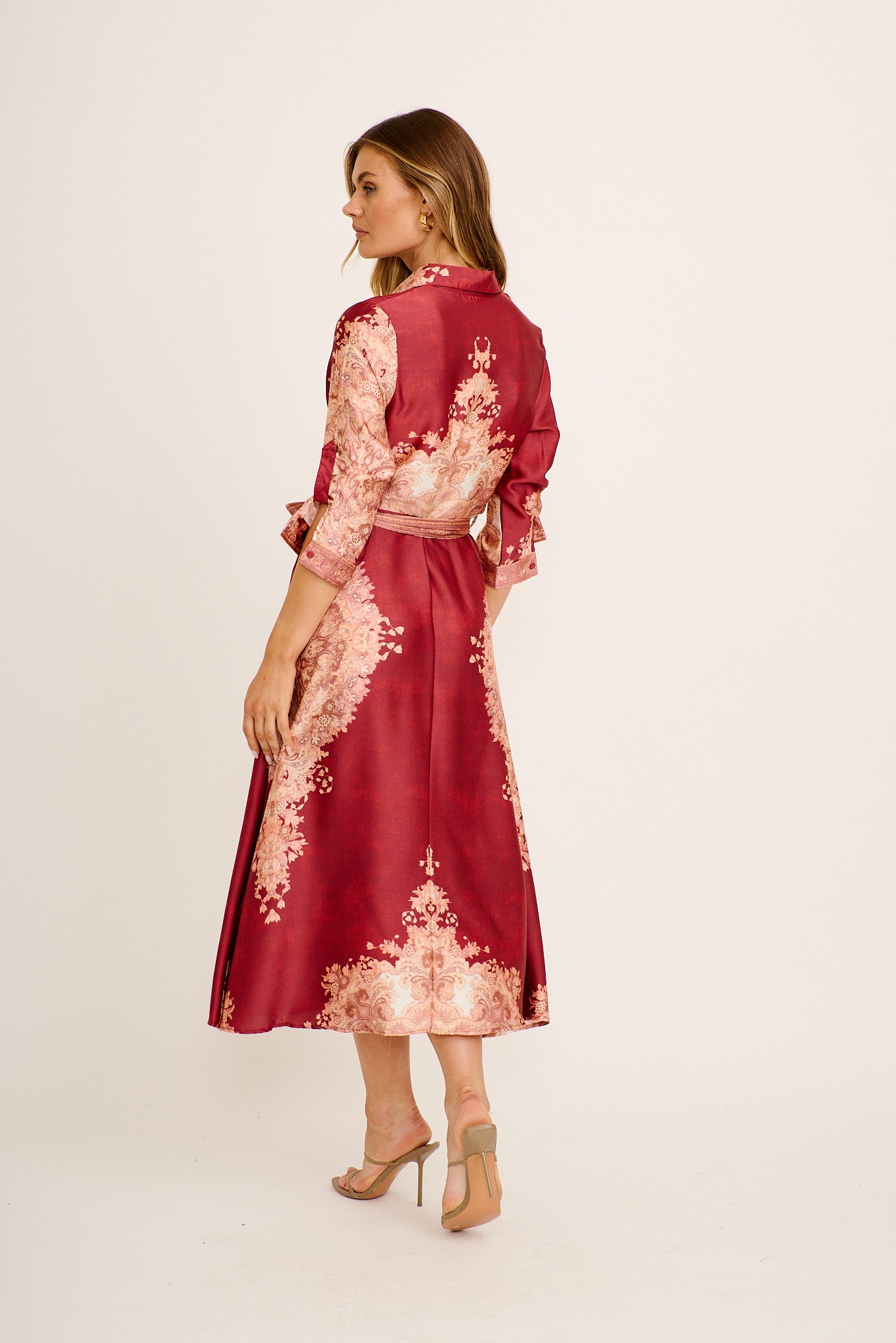 Ellen Midi Shirt Dress in Wine with Multi Placement Satin - Image 4