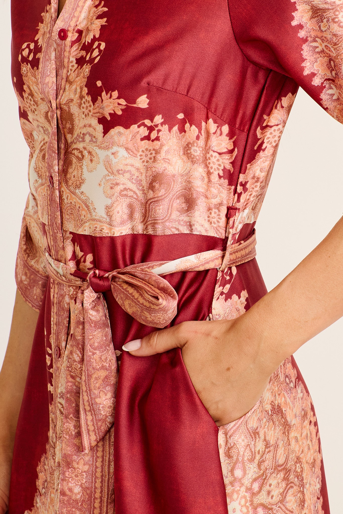 Ellen Midi Shirt Dress in Wine with Multi Placement Satin - Image 5