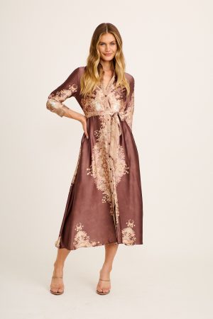 Ellen Midi Shirt Dress in Chocolate with Multi Placement Satin