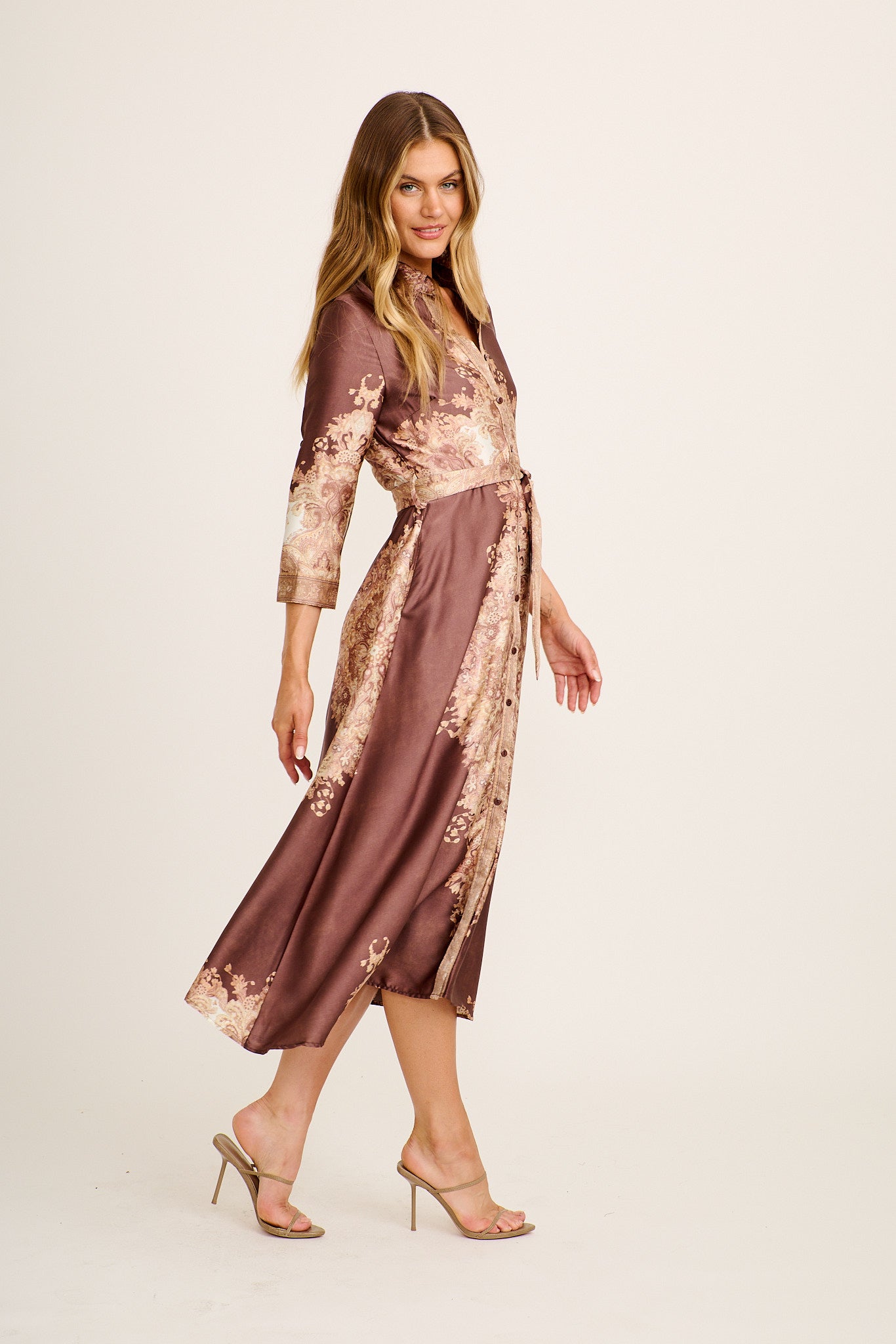 Ellen Midi Shirt Dress in Chocolate with Multi Placement Satin - Image 3