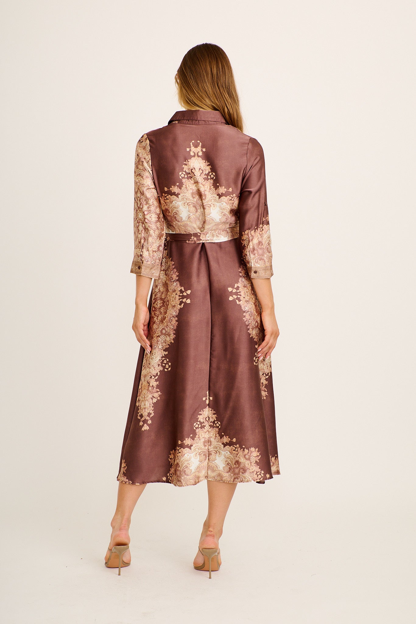 Ellen Midi Shirt Dress in Chocolate with Multi Placement Satin - Image 4