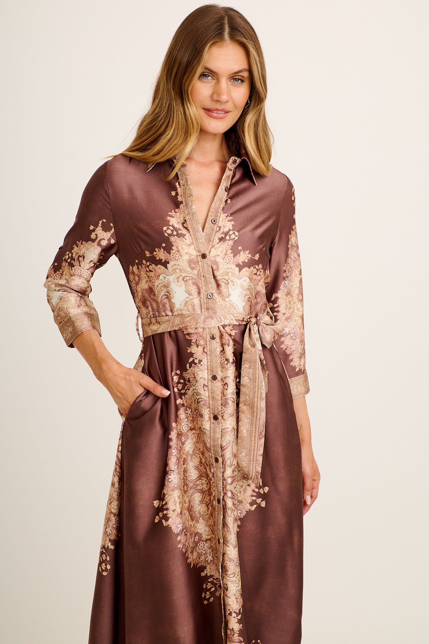 Ellen Midi Shirt Dress in Chocolate with Multi Placement Satin - Image 2