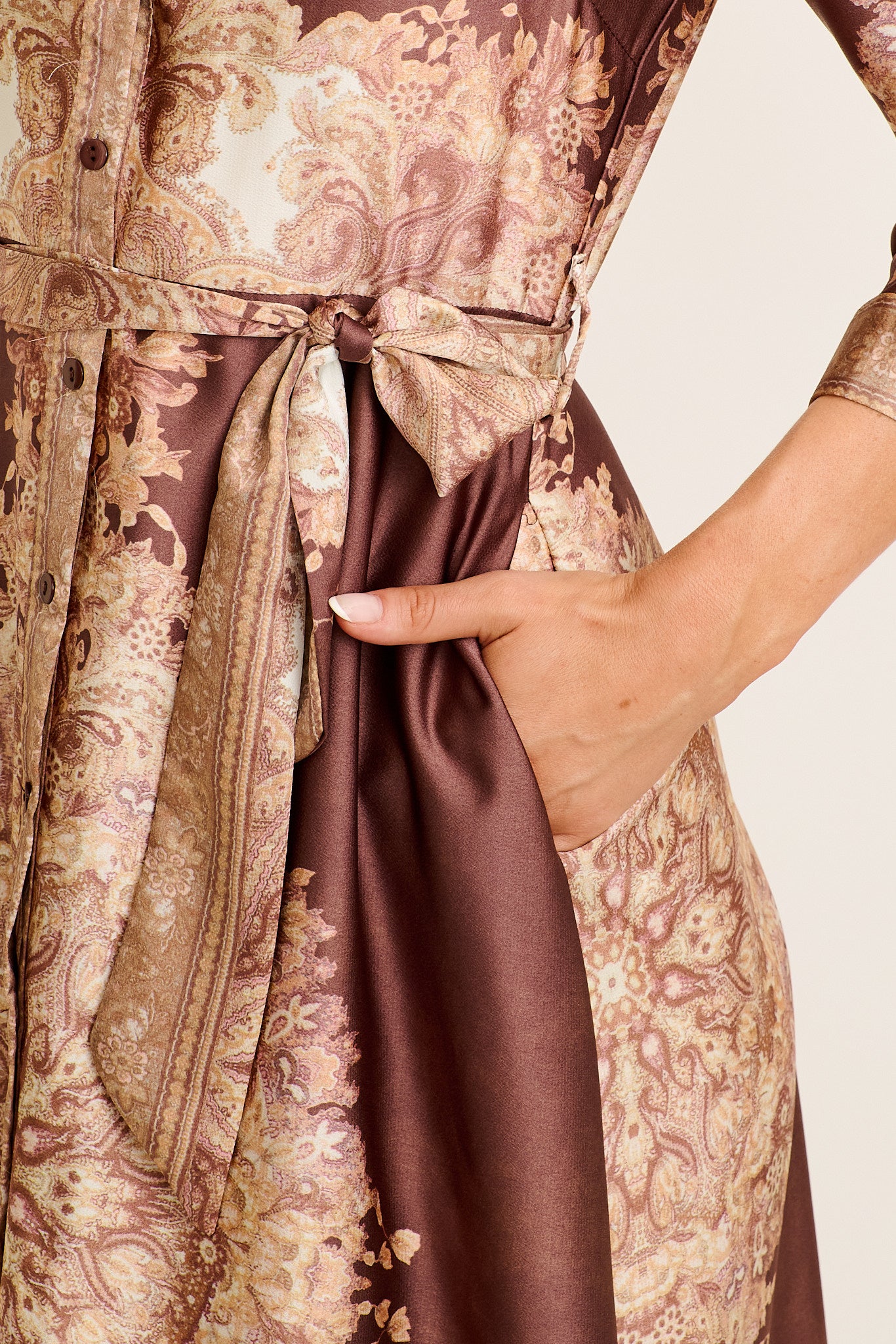 Ellen Midi Shirt Dress in Chocolate with Multi Placement Satin - Image 5