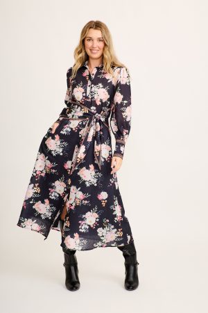 Chic In Bloom Maxi Shirt Dress in Black Floral Linen Blend