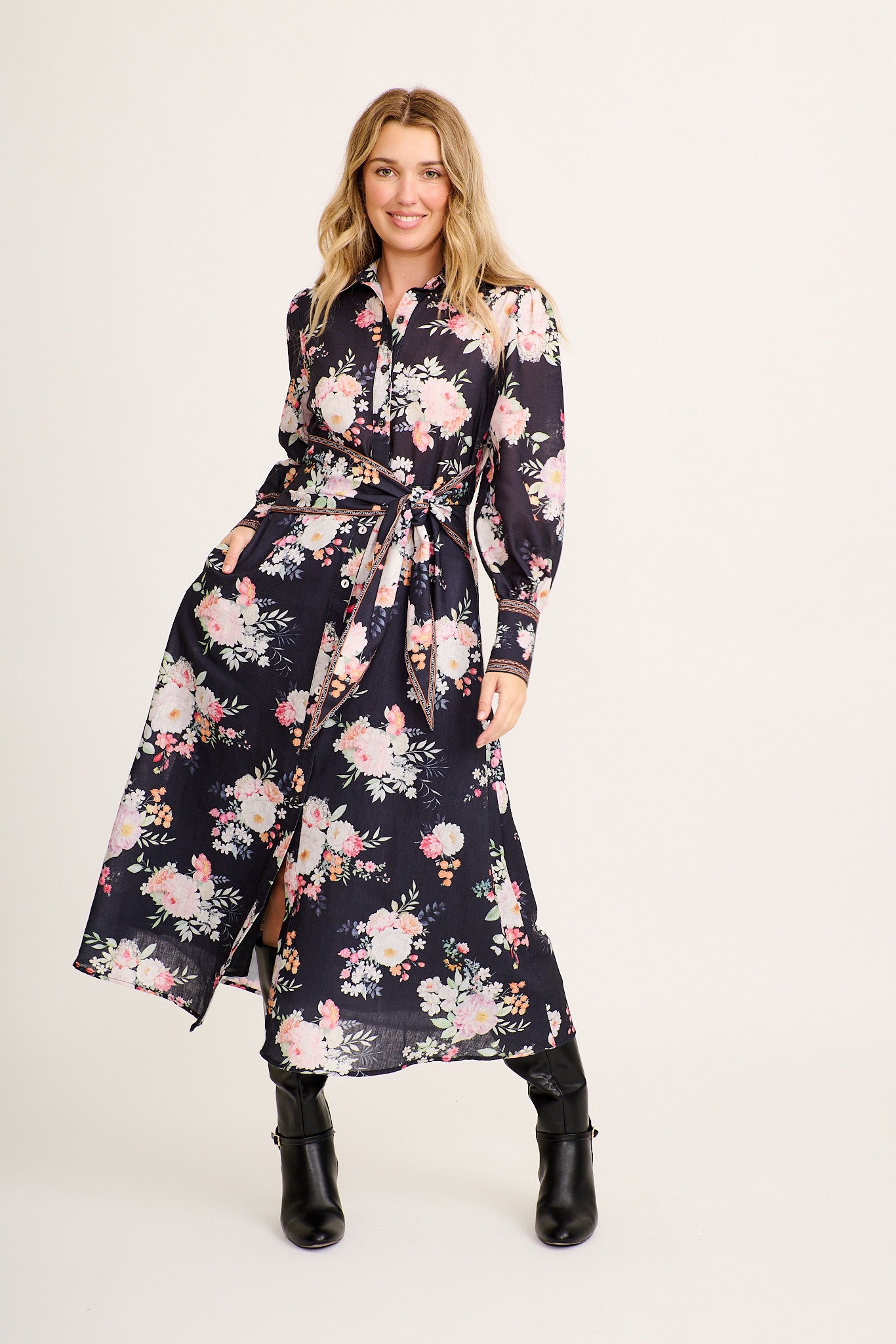 Chic In Bloom Maxi Shirt Dress in Black Floral Linen Blend