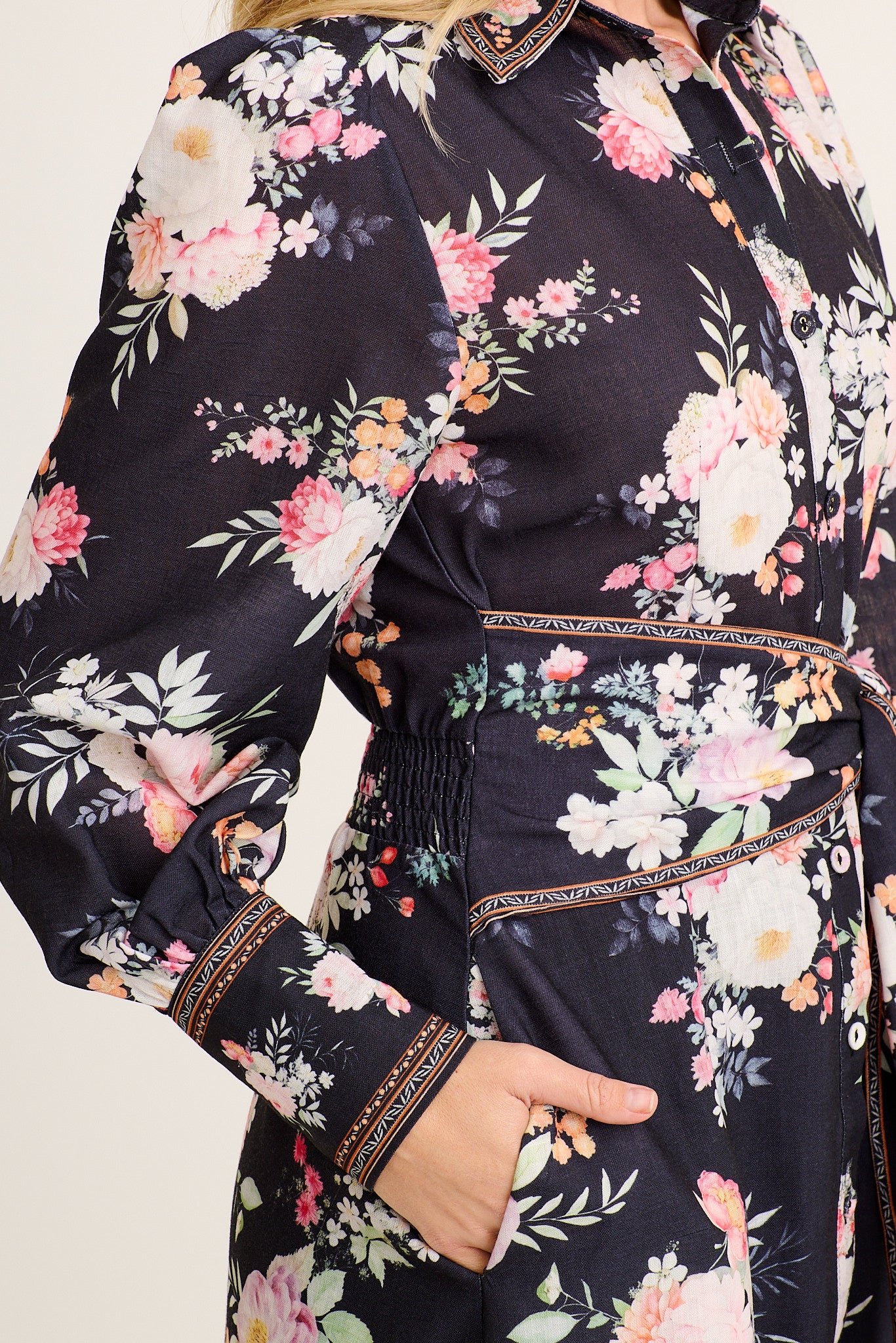 Chic In Bloom Maxi Shirt Dress in Black Floral Linen Blend - Image 5