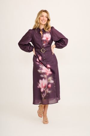 Santa Rosa Maxi Dress in Plum with Pink Floral Cotton Blend