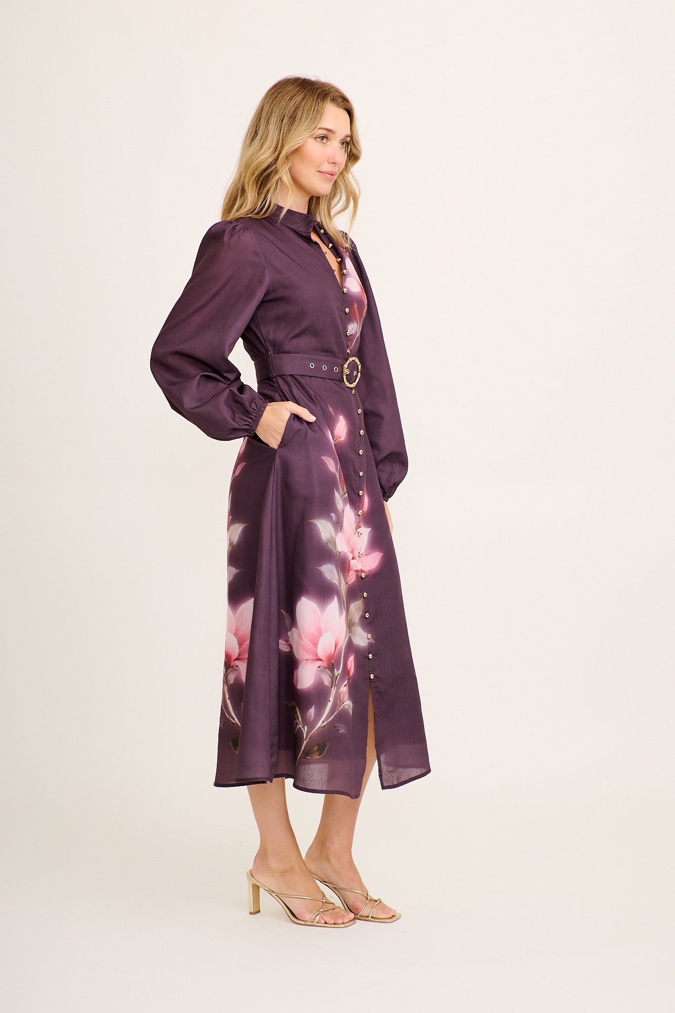 Santa Rosa Maxi Dress in Plum with Pink Floral Cotton Blend - Image 3