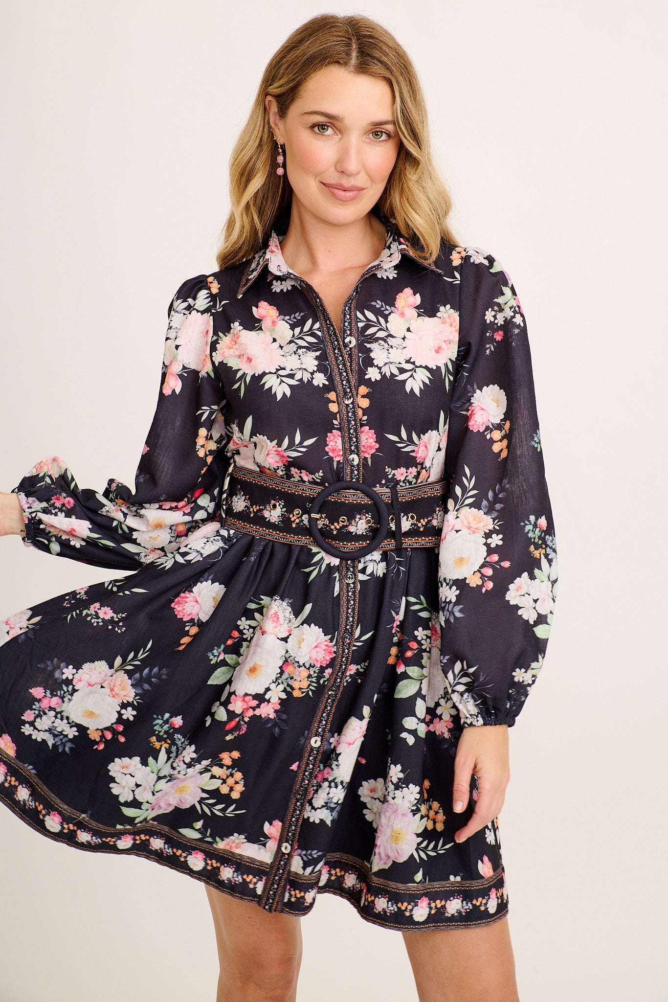 Modern Grace Shirt Dress in Black Floral Linen Blend - Image 2