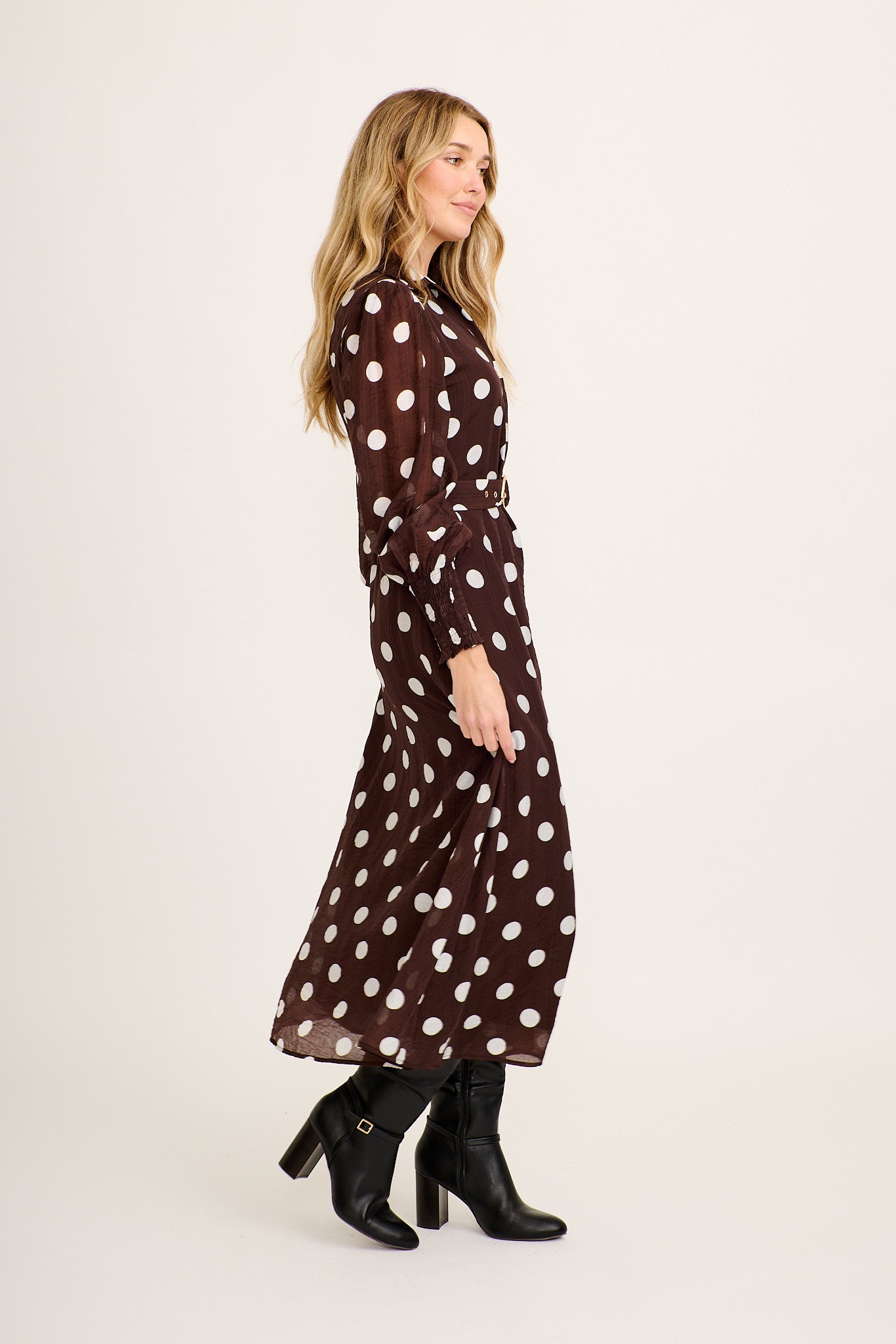 Tessie Maxi Shirt Dress in Chocolate Polka Dot - Image 3