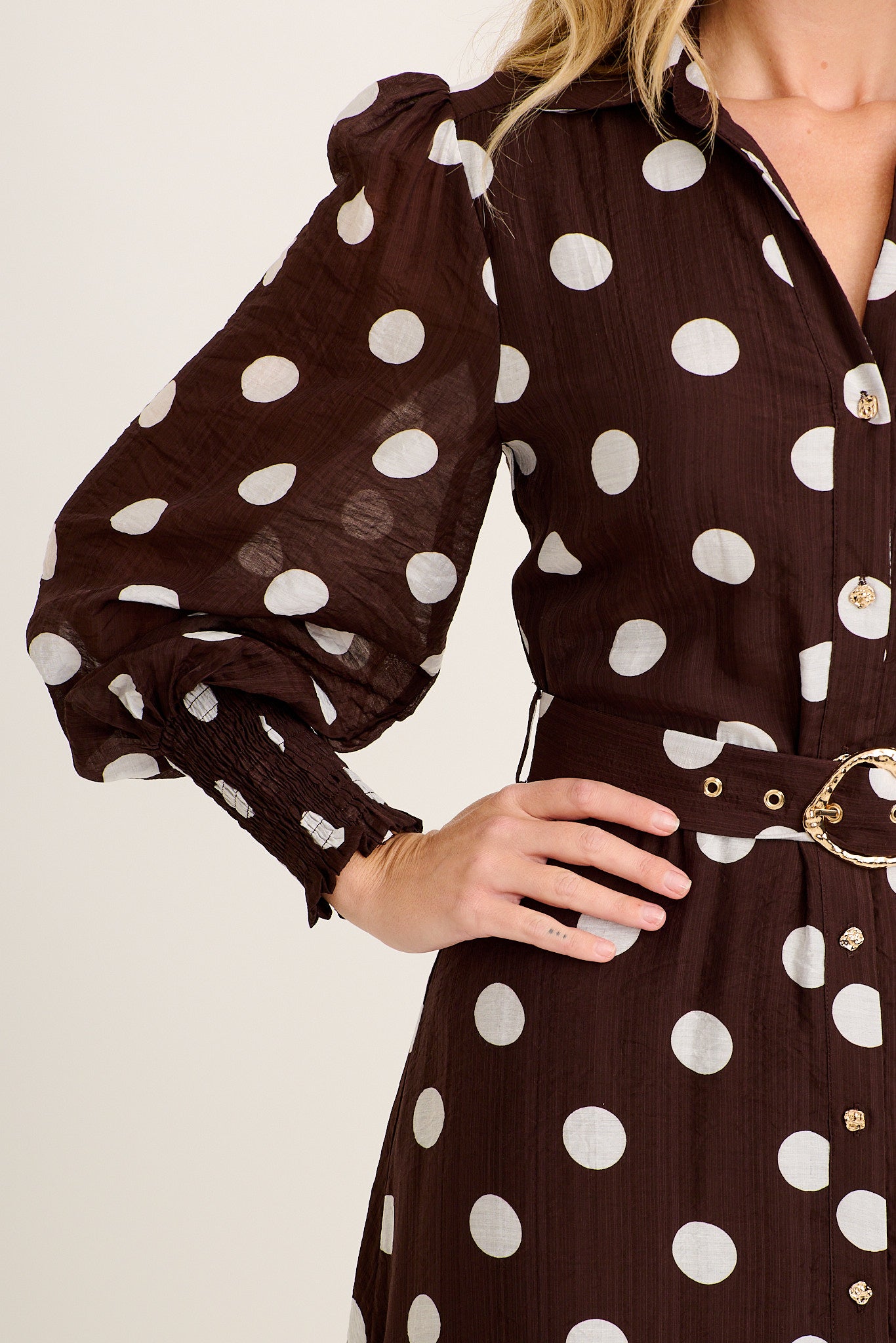 Tessie Maxi Shirt Dress in Chocolate Polka Dot - Image 5