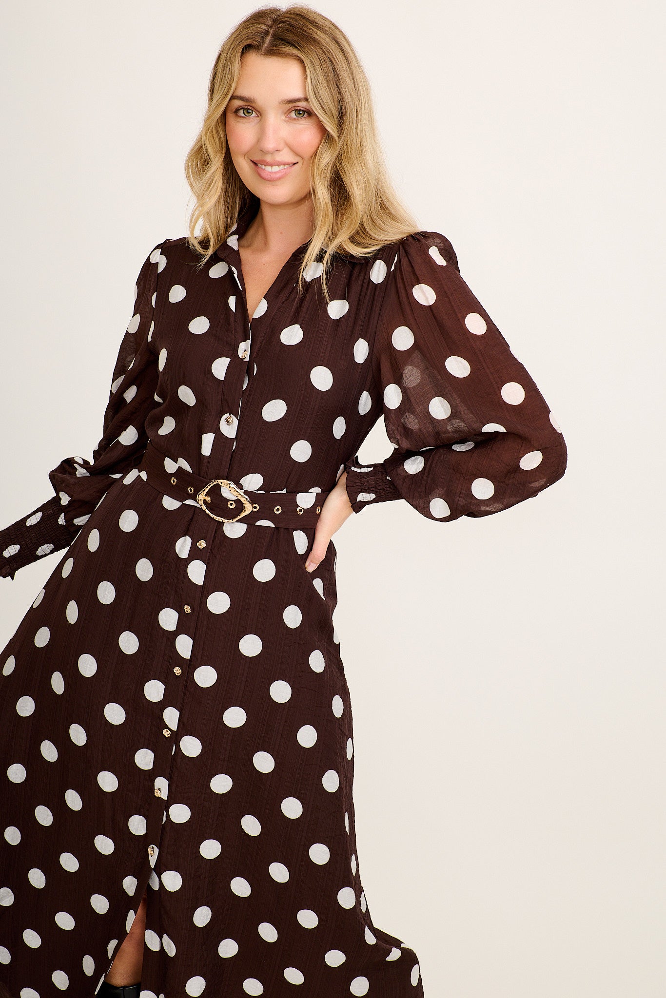 Tessie Maxi Shirt Dress in Chocolate Polka Dot - Image 2
