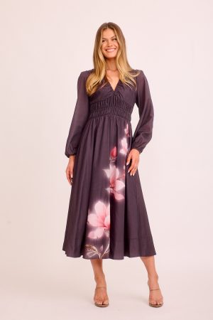 Florentia Maxi Dress in Plum with Pink Floral Cotton Blend