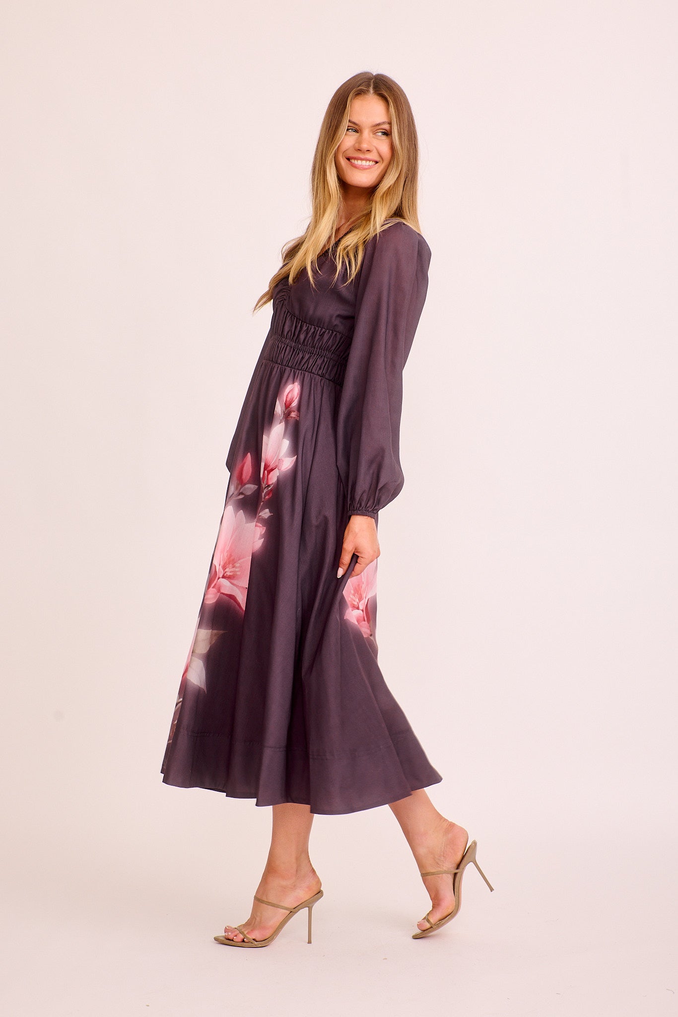Florentia Maxi Dress in Plum with Pink Floral Cotton Blend - Image 3