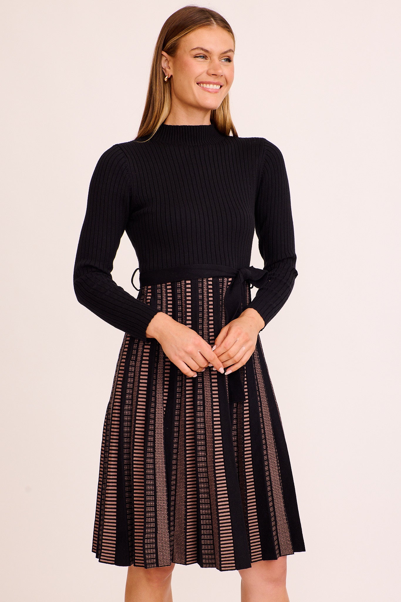 Malpensa Midi Knit Dress in Black and Brown - Image 2