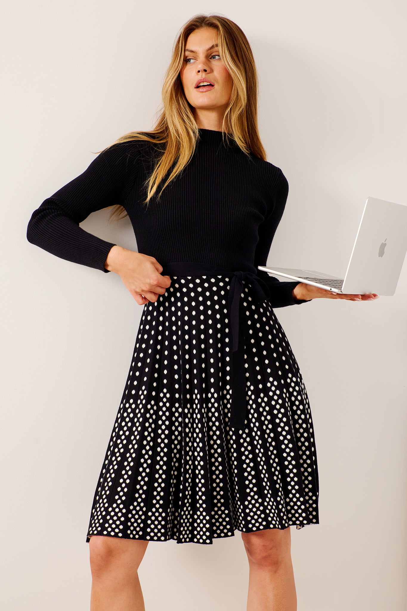 Chamonix Midi Knit Dress in Black and Polkadot - Image 2